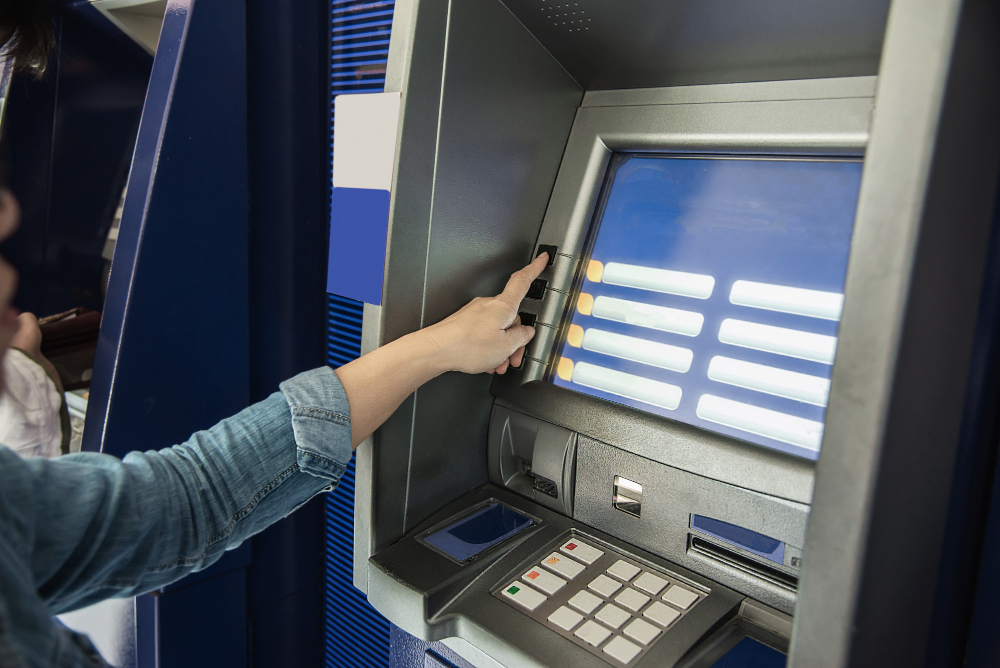 people waiting get money from automated teller machine people withdrawn money from atm concept