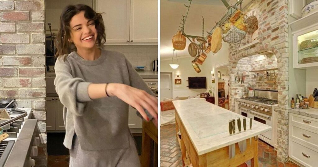 Por dentro das luxuosas casas de Selena Gomez na Califórnia e no Texas 17 Selena Gomez cooking in her kitchen/Snapshot of Selena Gomez Studio City kitchen
