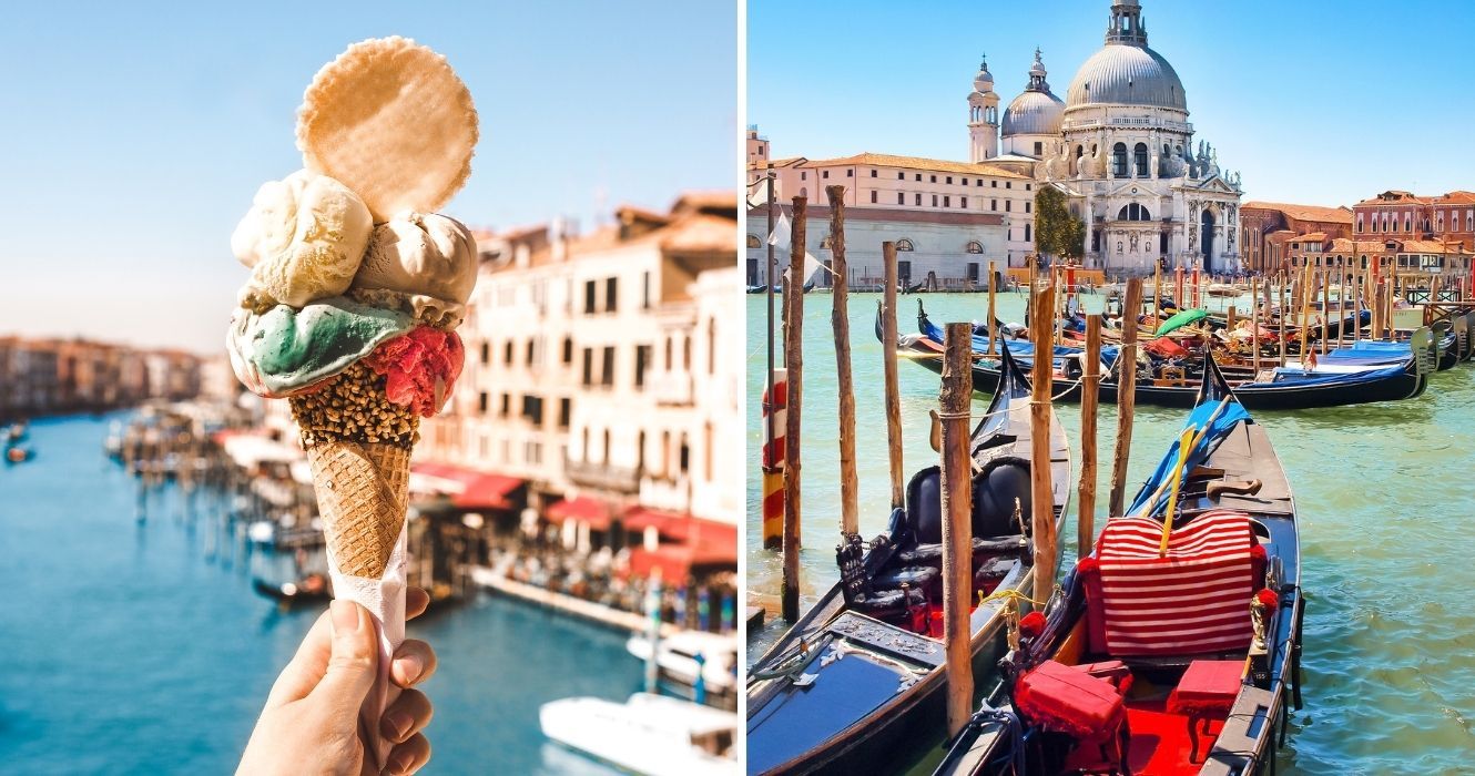 gelato e gôndolas em veneza, itália