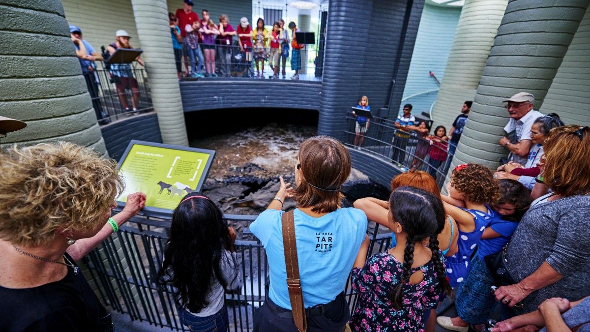 Lista de destinos para famílias que viajam pela Califórnia 8 Pessoas olhando para um poço de observação em La Brea Tar Pits