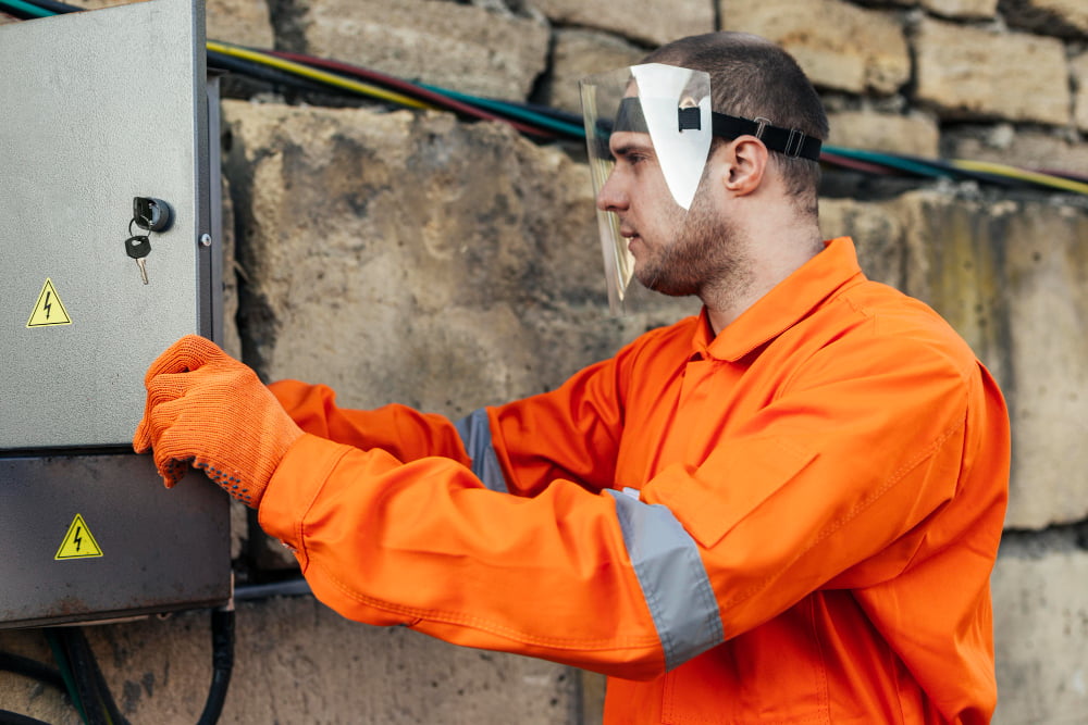 Qual o tamanho da caixa do medidor de energia elétrica? 3 side view electrician uniform with protective gloves face shield